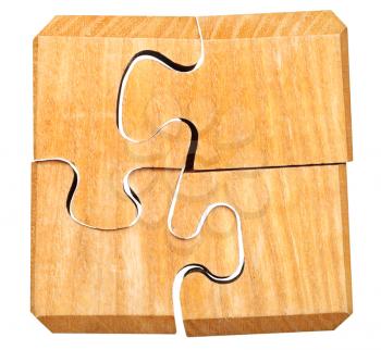 assembled three dimensional wooden mechanical puzzle close up isolated on white background isolated on white background