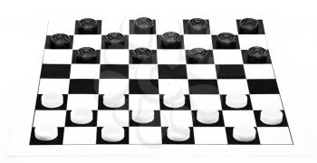 Starting position on vinyl 8x8 checkers board isolated on white background