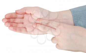 two fingers on palm close up - hand gesture isolated on white background