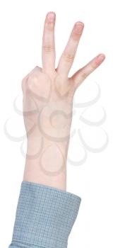 three account by fingers - hand gesture isolated on white background