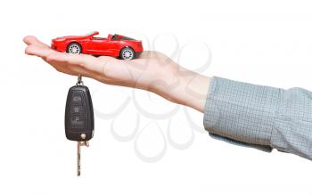new red car with key on hand isolated on white background