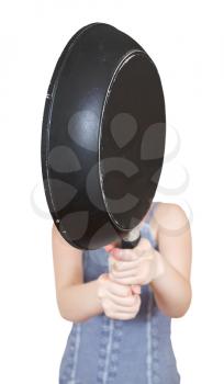 woman with frying pan close up isolated on white background