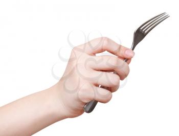 female hand with fork isolated on white background