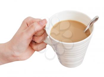 hand holds cup of coffee with milk isolated on white background