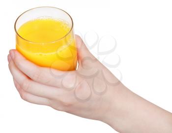 glass with orange juice in hand isolated on white background