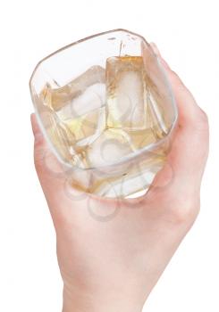 top view of glass whiskey in hand isolated on white background