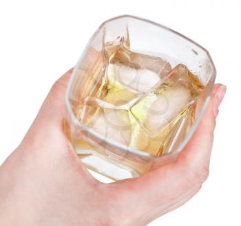 above view of glass whiskey in hand isolated on white background