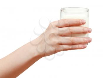 hand holding glass of milk isolated on white background