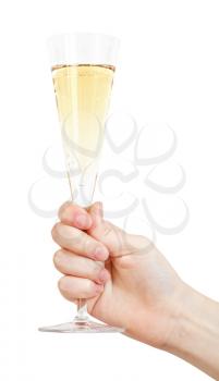 hand holds flute glass with sparkling wine isolated on white background