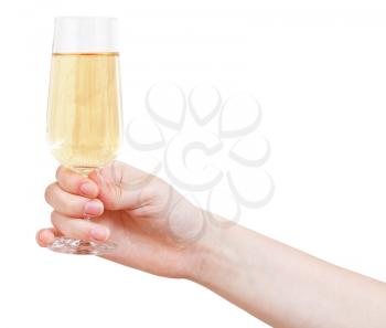 hand holds wineglass with sparkling wine isolated on white background