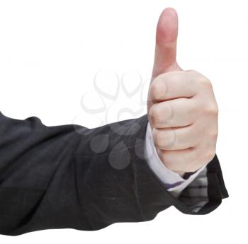 front view of thumbs up sign - hand gesture isolated on white background