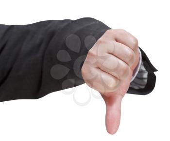 front view of thumbs down sign - hand gesture isolated on white background