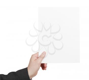 blank sheet of paper in male hand isolated on white background