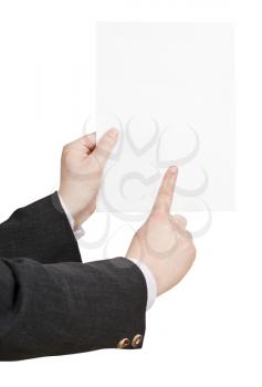 blank sheet of paper in businessman hand isolated on white background