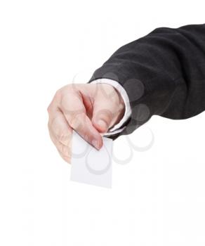 front view of blank business card in male hand isolated on white background