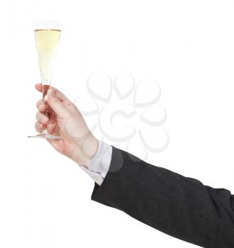 toast with champagne glass in businessman hand isolated on white background