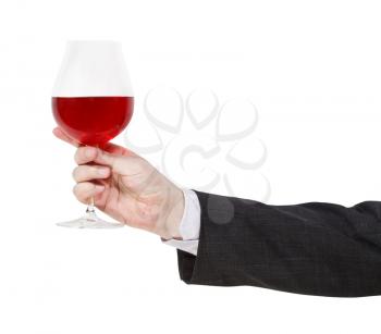 side view of red wine glass in male hand isolated on white background
