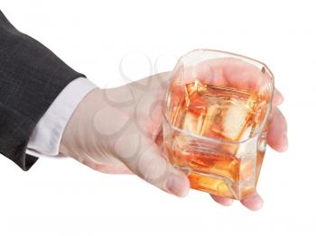 above view of whisky with ice glass in businessman hand isolated on white background