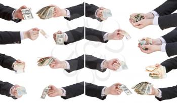 set of banknotes in businessman hands isolated on white background