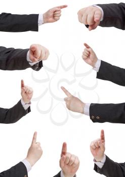set of businessman pressing forefinger - hand gesture isolated on white background