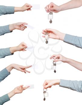 set of hand with blank keyring and card isolated on white background