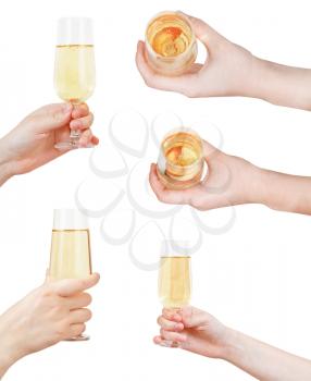 set of hand holding glass with sparkling wine isolated on white background