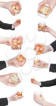 set of whiskey with ice glass in hand isolated on white background