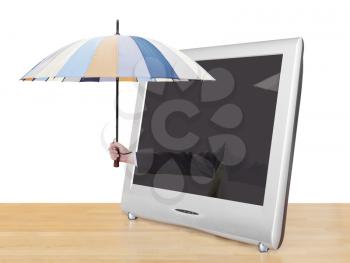 weather forecast - hand with umbrella pops out of TV screen isolated on white background