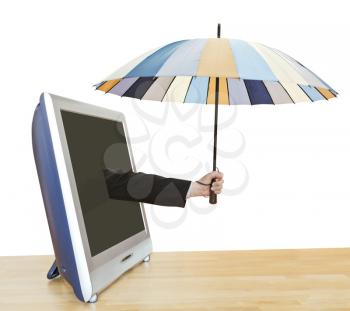 weather forecast - hand with umbrella leans out TV screen isolated on white background