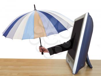 weather forecast - arm with umbrella leans out TV screen isolated on white background