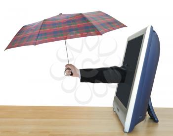 weather forecast - hand with checkered umbrella leans out TV screen isolated on white background