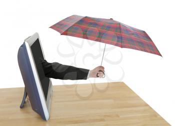 weather forecast - hand with checkered umbrella pops out TV screen isolated on white background