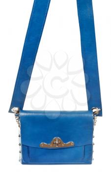 flat blue leather female bag with broad belt isolated on white background