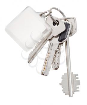 bunch of home keys on steel ring and keychain isolated on white background - 2