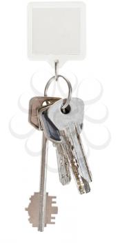 keys on keyring and square keychain isolated on white background
