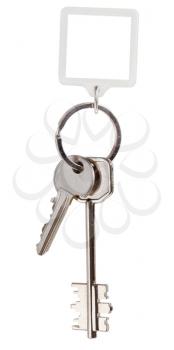 two door keys and square keychain on ring isolated on white background