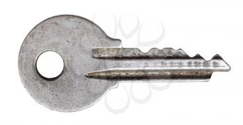 grey old door key for cylinder lock isolated on white background