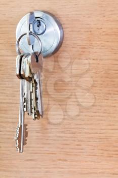 bunch of house keys in lock of wood door close up