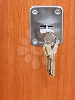 keys on ring in keyhole of wooden door