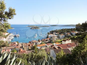 above view of town on Hvar island in Adriatic Sea, Dalmatia, Croatia