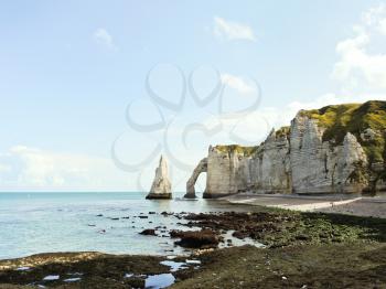 panorama with natural cliffs on english channel beach of Etretat cote d'albatre, France