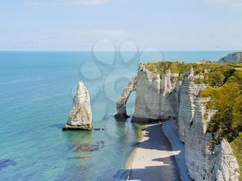 view of english channel coast with rocks on Etretat cote d'albatre, France