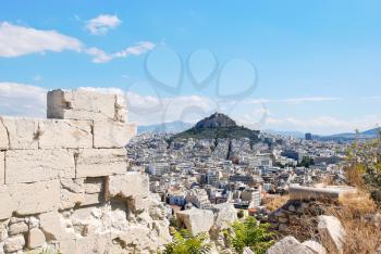 view of Lycabettus Mount in Athens city from Acropolis, Greece