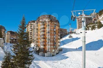 ski lift and view of Avoriaz town in Alps, Portes du Soleil region, France