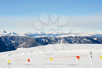 skiing area on snow mountain in Val Gardena, Dolomites, Italy
