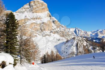 skiing tracks and slope of Dolomites mountains in Val Gardena, Italy