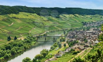 view of Town Zell and Moselle river in summer day