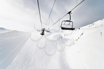 ski lift on snow slopes of mountains in Paradiski region, Val d'Isere - Tignes , France