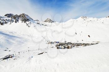 view of town Tighnes between snow mountains in Paradiski region, Val d'Isere - Tignes , France