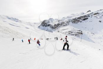 downhill skiing on snow slopes of mountains in Paradiski region, Val d'Isere - Tignes , France